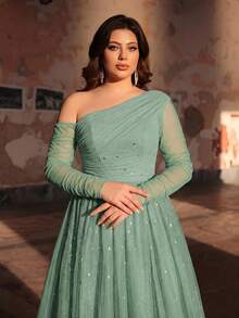 Aureia Plus Size Sage Green Elegant Summer Formal Prom Dress, Off-Shoulder Sheer Long Sleeve Pearl&Rhinestone Mesh Patchwork A-Line Wedding Gown - Mint Green - View 3