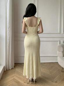 Celisse Đầm dài dự tiệc thanh lịch dành cho nữ, cổ chữ V, viền bèo nhún và thắt eo. - Màu vàng ngỗng - Xem 2