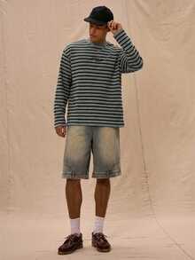 Musero Camiseta de manga larga con cuello redondo, estampado gráfico de letras y rayas, corte relajado para hombre, primavera y verano - Gris Claro - Ver 5