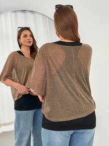 SHEIN Essnce Conjunto de dos piezas de chaleco largo negro holgado y cómodo de uso diario, y capa protectora solar transparente en color caqui para mujer talla grande, estilo casual y sencillo para salir en verano, moda europea de primavera/verano - Caqui - Ver 6