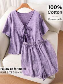 CosyJoli Plus Size Women Front Tie Short Sleeve Top And Shorts Casual 2 Pieces Set - Purple - View 3