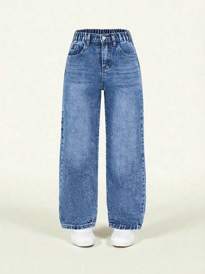 SHEIN Quần jeans ống đứng dáng rộng thoải mái cho bé gái, màu xanh denim cổ điển, cạp chun co giãn, chất liệu cotton mềm mại, phù hợp mặc hàng ngày, đi học, đi làm, dã ngoại, mùa hè.
