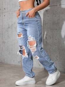 SHEIN CURVE+ Plus Size Women's Non-Stretch Casual Distressed Straight Leg Denim Jeans, Cowboy Outfits For Women - Light Wash - View 4