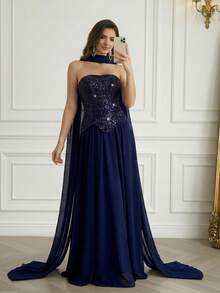 Modelyn Elegant Sequin Embellished Long Sleeve Dress, High-End Formal Gown For Banquet Women's Formal Evening Dress Gown (Heavy Embroidery) Women Rhinestone Embellished Sheer Black Long Evening Gown, Wedding Guest Dress, Elegant Evening Dress, Prom Dress, For Wedding Dress Waist And Chest Slimming, Party Dress, Formal Dress - Navy Blue - View 5