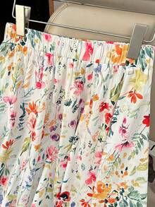 SHEIN PETITE Falda casual de cintura elástica con estampado todo sobre para vacaciones de mujer - Albaricoque - Ver 3