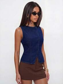 Avantive Women's Casual Sleeveless Denim Top, Summer - Dark Wash - View 5