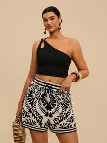 Travachic Quần short nữ size lớn màu đen eo dây rút mùa hè đi biển nghỉ dưỡng phong cách boho trắng đen - Màu Khaki - Xem 6