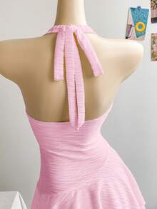 Soleia 度假风露背系带海星贝壳装饰荷叶边V领花卉金属扣白色针织纹理修身迷你连衣裙，适合圣诞节、约会、夜店、波西米亚风、度假、秋季女装、复古、假日等场合。 - 粉色 - 查看 6