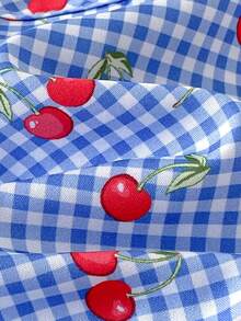 Cozy Pixies 女宝宝可爱夏季度假蓝白格子樱桃图案蝴蝶结无袖上衣和松紧腰短裤套装 - 藍色 - 查看 7