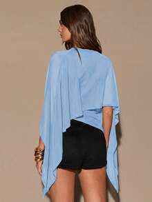 SHEIN BAE Áo len nữ màu nâu kiểu poncho cổ shawl xếp ly ôm sát, áo kiểu dệt kim thanh lịch, thích hợp cho mùa thu/đông. - Màu xanh nhạt - Xem 2