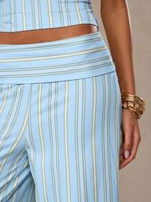 SHEIN BAE Quần ống loe cạp gập kiểu dáng thường ngày kẻ sọc dành cho nữ - Màu xanh nhạt - Xem 6