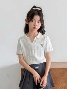 Dazy Kids Tween Girls' Bow Embroidery Short Sleeve Casual Knit Top - Beige - View 7