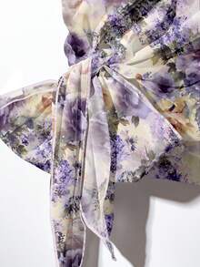 EMERY ROSE Bộ đồ 2 món gồm áo sơ mi nữ in họa tiết hoa hồng, thiết kế hoa tím nhuộm tie-dye lãng mạn, điểm nhấn nơ, và quần ống đứng dáng rộng. - Nhiều màu - Xem 3