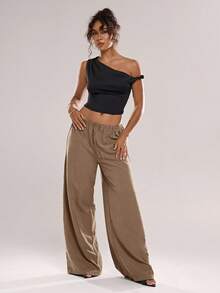 Women's Solid Color Drawstring Waist Casual Versatile Daily Wear Pants Oversize Pants For Women Loose Pants For Women - Coffee Brown - View 7