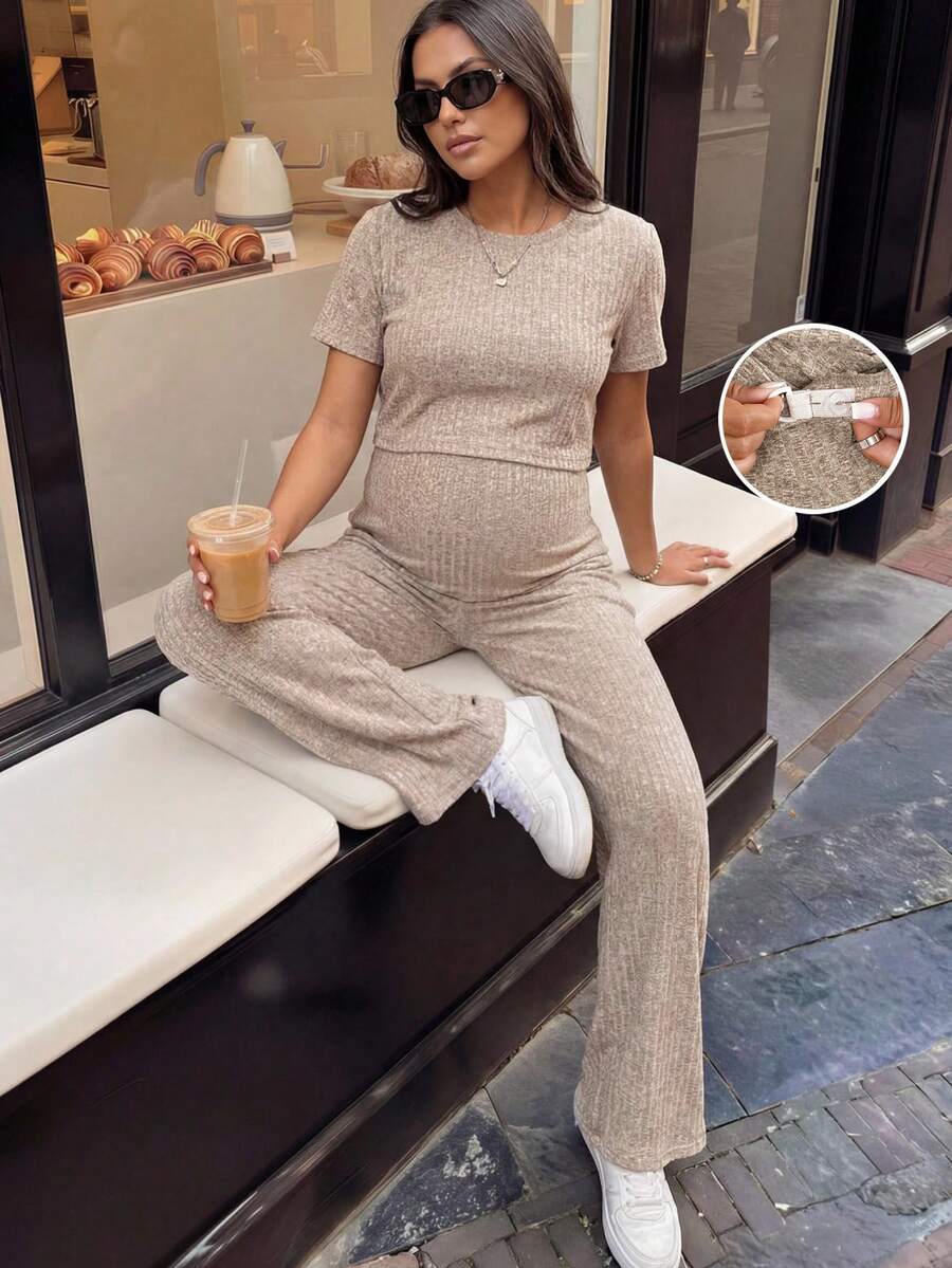 SHEIN Bộ đồ bầu gồm áo thun cổ tròn tay ngắn màu trơn và quần dài cạp chun điều chỉnh được, 2 món. - Màu Khaki - Xem 1