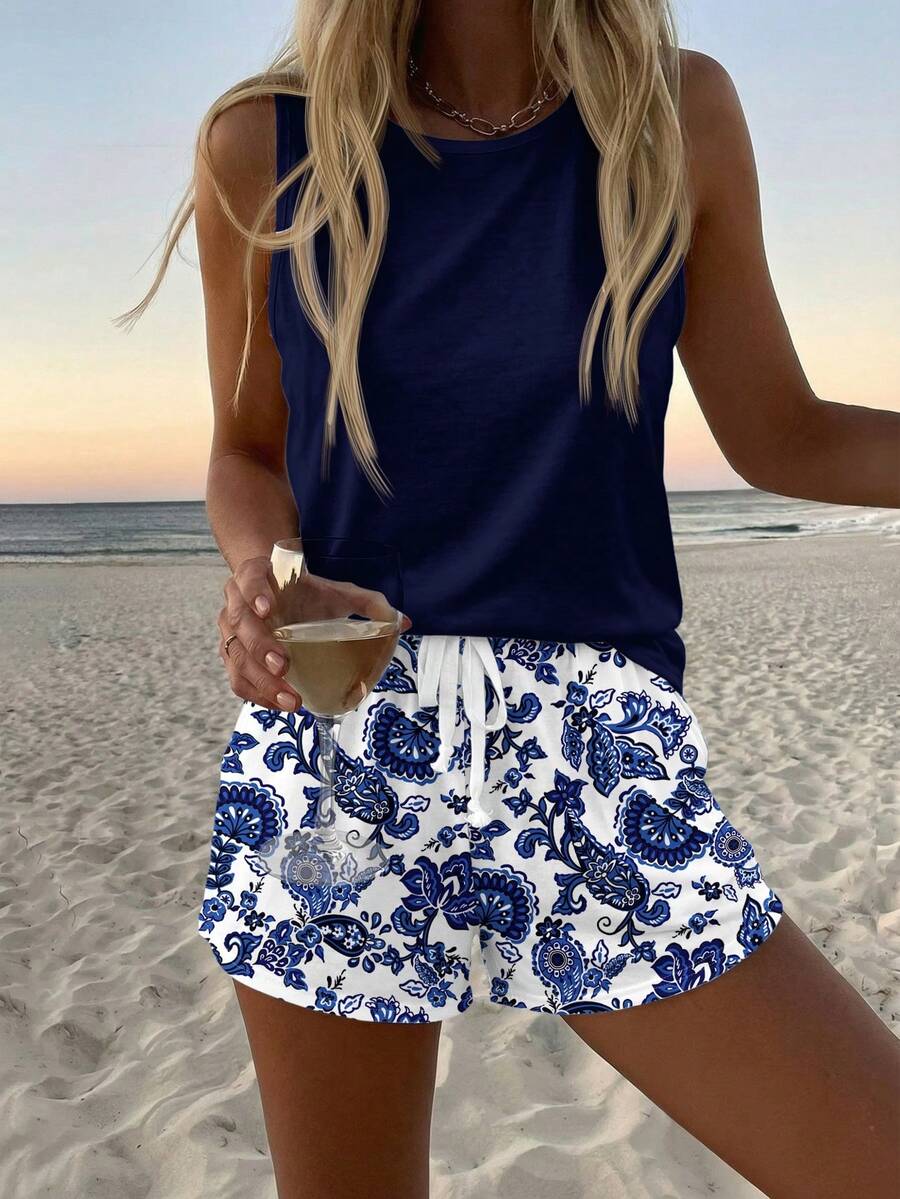 2pcs Women Casual Round Neck Tank Top And Shorts Set, Suitable For Summer Wear - Multicolor - View 1