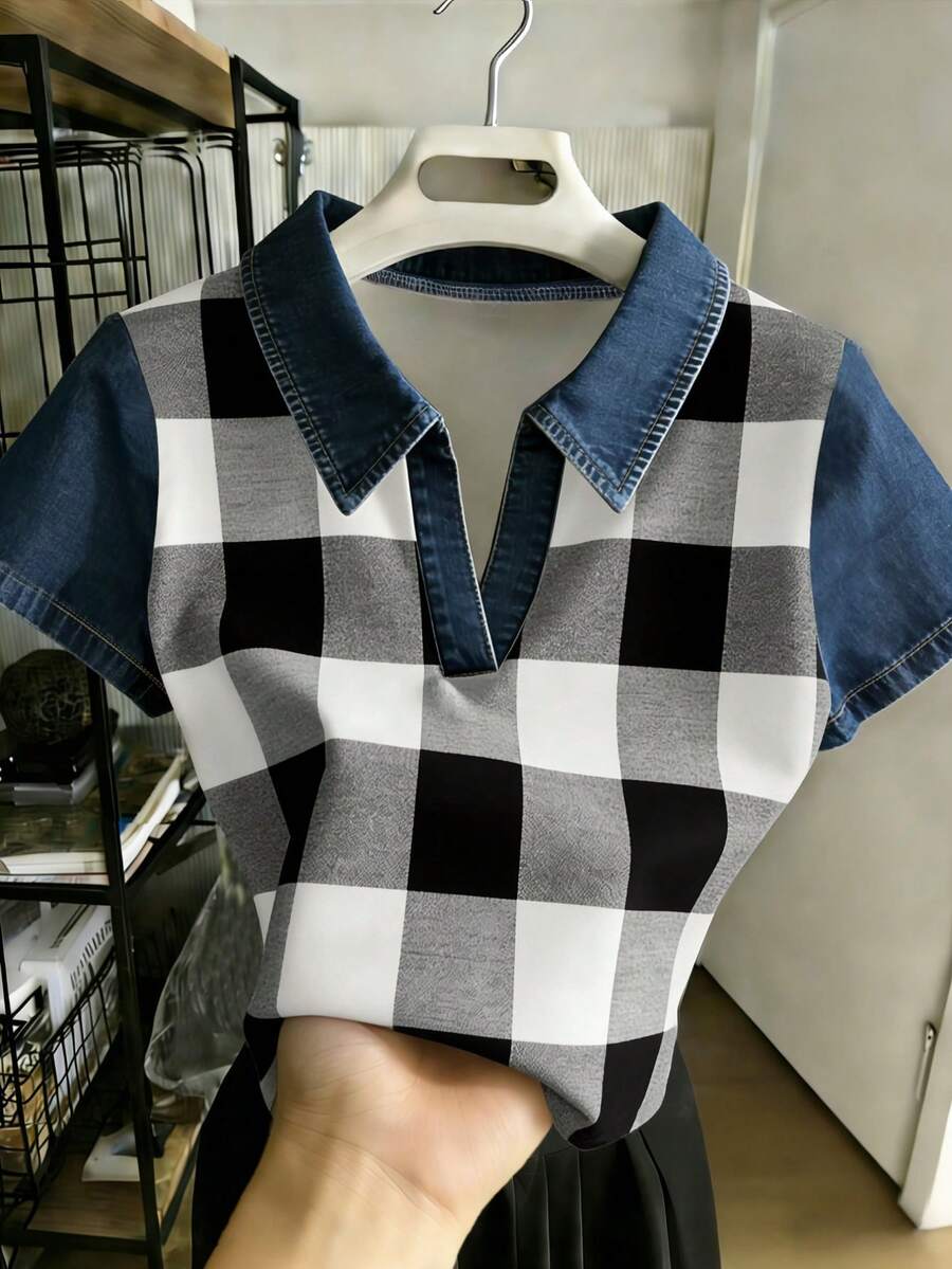 Resyla Women's Casual And Versatile Polo Collar Plaid Print Short-Sleeves Tee Gift For Her / Holiday Gift - Multicolor - View 1