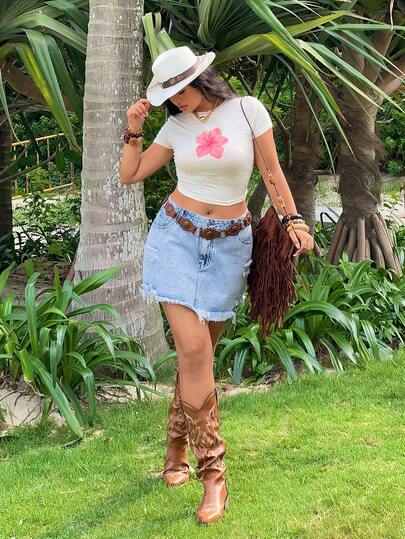 Jeanoix Váy ngắn denim rách gấu có túi kiểu Y2K dành cho nữ cỡ lớn