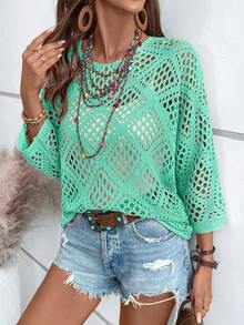 Breezaya Women's Vacation Casual Solid Color Hollow-Out Knit Sweater - Mint Green - View 6