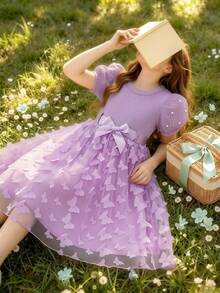Glamorique Kids 'Young Girl' 素色圓領珍珠泡泡袖 3D 花朵優雅夏季洋裝附腰帶 - 紫色 - 查看 4