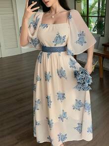 DAZY Vestido longo feminino casual e elegante de primavera/verão com detalhes em renda, estampa floral delicada e cintura marcada. Estilo boho, perfeito para o verão e para as férias. - Azul - Ver 4
