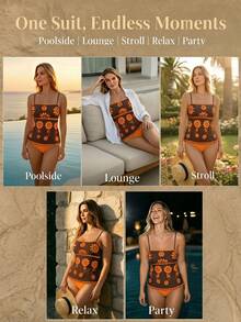 SHEIN Swim 2pcs Women's High Elasticity Green Floral Print Bikini Set, Includes Floral Print Bandeau Top And Solid Color Triangle Bottom, Elegant Bikini Set For Spring/Summer Beach Party - Multicolor - View 7