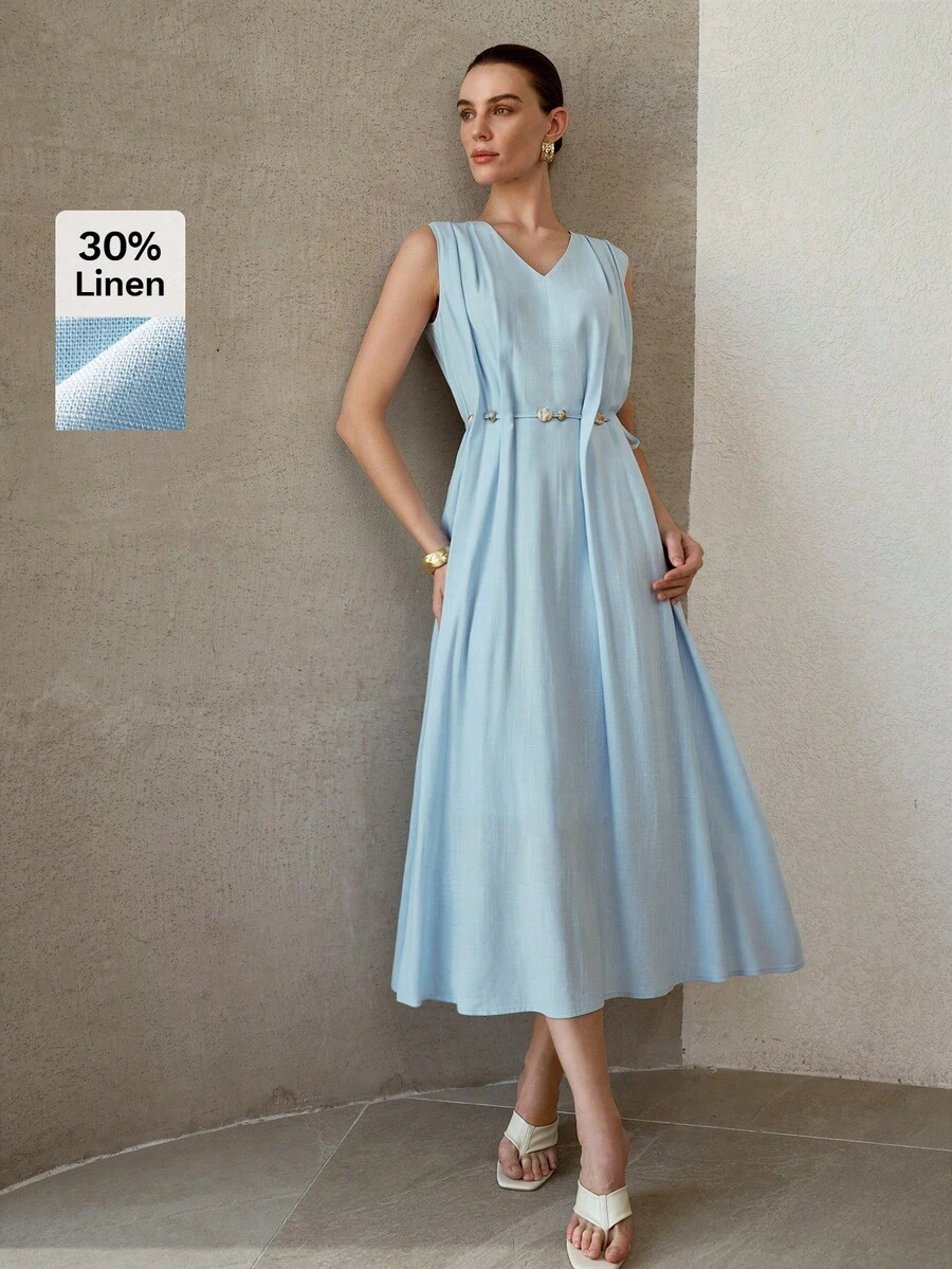 MOTF PREMIUM MINIMALIST LINEN SLEEVELESS V-NECK BEADED WAIST TIE DRESS, ELEGANT & SLIMMING SUMMER DRESS FOR WOMEN - Baby Blue - View 1