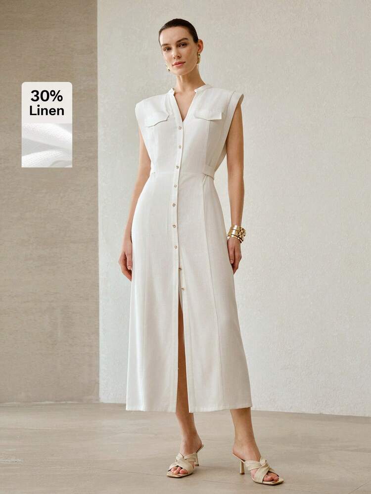 FASHIONABLE DESIGN SLEEVELESS WAIST TIE ADJUSTABLE LINEN MIDI DRESS FOR WOMEN