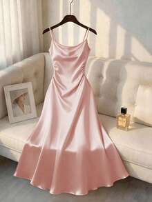 GlowEve CURVE Plus Size Women Waist Ruched Slimming Fashionable Spaghetti Strap Dress - Pink - View 5