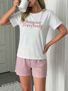WovenCharm Baumwolle 2 Stücke Pyjama-Set in Große Größen mit Linien-Muster an Lang-Hose & Shorts und Slogan-Muster Top für Zuhause - Weiss - Übersicht 5
