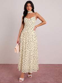Vestido de verano elegante de mujer con estampado de lunares y volantes en los tirantes - Albaricoque - Ver 3
