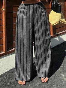 Dazy Plus Plus Size Women Elastic Waist Striped Wide Leg Loose Casual Pants - Navy Blue - View 5