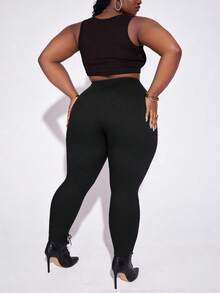 CurvyTilda Plus High Waist Skinny Solid Pants, For Women Spring Summer, For Hourglass Body Shape - Black - View 2