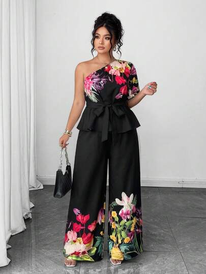 Elenzga Plus Size Women's Elegant Black & White Floral Off-Shoulder Belted Bow Casual Chic Slimming 2-Piece Set