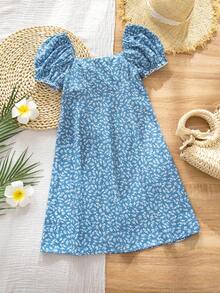 SHEIN 少女雪纺碎花方领泡泡袖休闲连衣裙 - 彩色 - 查看 5