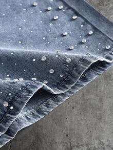 AXEPEAK Pantalones cortos casuales de corte holgado con adornos de diamante de imitación en azul claro, de moda - Lavado ligero - Ver 3