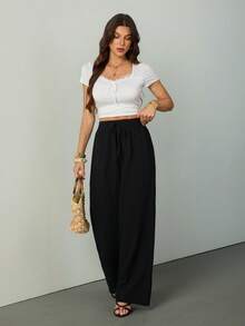 SHEIN Tall Women's Solid Color Casual Straight-Leg Pants Winter Black Spring - Black - View 4