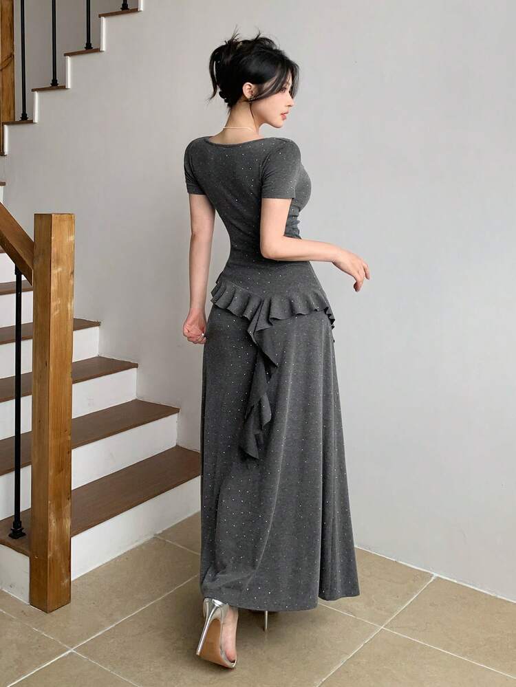 Women's Shiny Lapel Waist Cinched Asymmetrical Hem Loose Pants 2 Pieces Set