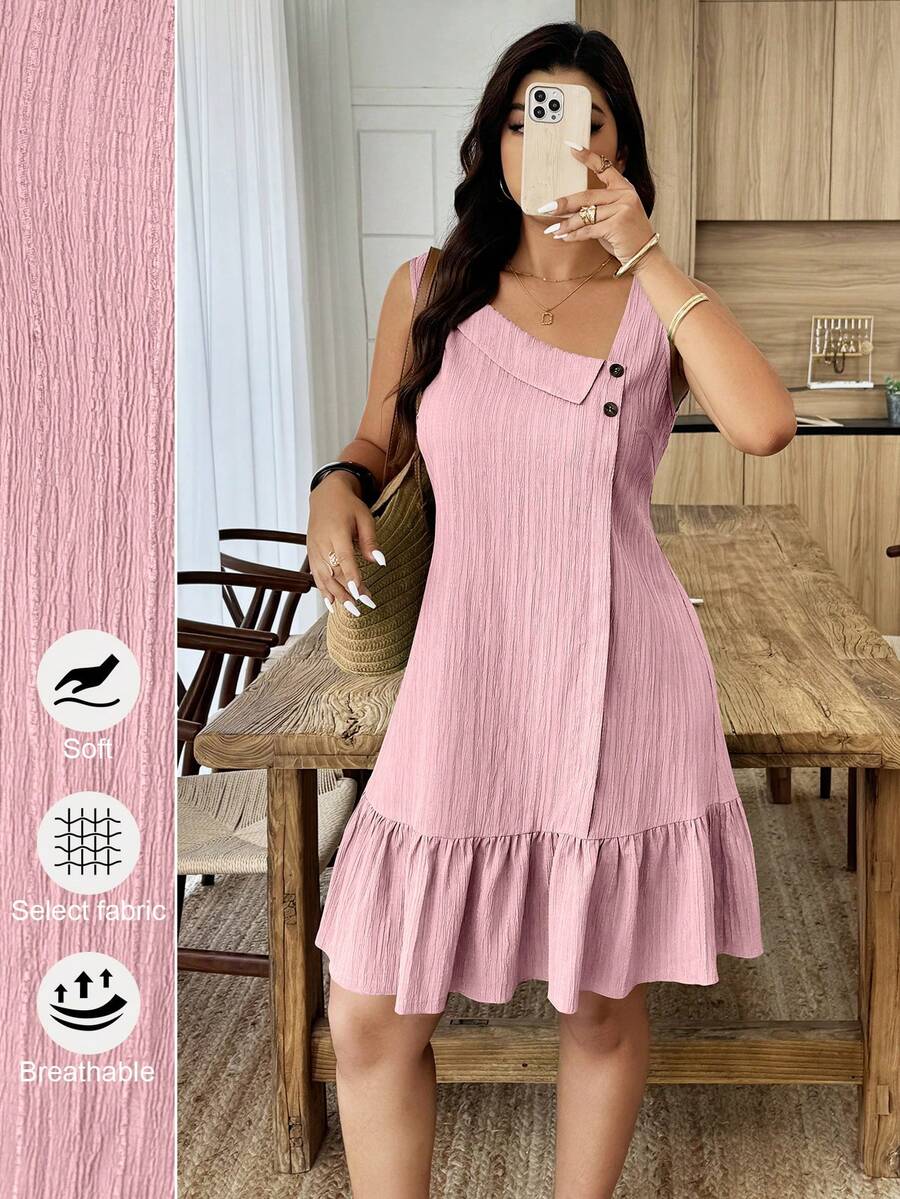 Weeklong Plus Size Women's Irregular Collar Ruffled Hem Textured Fabric Sleeveless A-Line Mini Dress, Casual Resort Wear For Spring/Summer - Dusty Pink - View 1