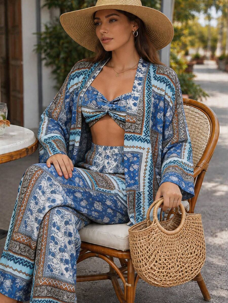 EURMUSE Bộ đồ 3 món phong cách Bohemian tua rua, họa tiết hoa văn Paisley, áo bralette ngắn, quần ống rộng, áo kimono dài tua rua, họa tiết xanh dương và be, trang phục nghỉ dưỡng, trang phục lễ hội, áo khoác ngoài đi biển, sẵn sàng cho du lịch. - Nhiều màu - Xem 1