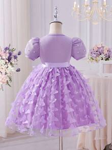 Glamorique Kids 'Young Girl' 素色圓領珍珠泡泡袖 3D 花朵優雅夏季洋裝附腰帶 - 紫色 - 查看 3