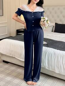 SHEIN 女士法式露肩蕾丝拼接短袖睡衣套装 - 藏蓝色 - 查看 3