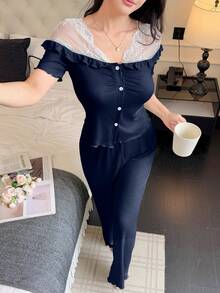 SHEIN 女士法式露肩蕾丝拼接短袖睡衣套装 - 藏蓝色 - 查看 5