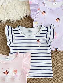 SHEIN Gentle Purple Stripe, 3D Bow Pattern, Young Girl Casual Simple Versatile Round Neck Cap Sleeve T-Shirt 1pc Suitable For Spring/Summer Daily Wear, - Multicolor - View 7