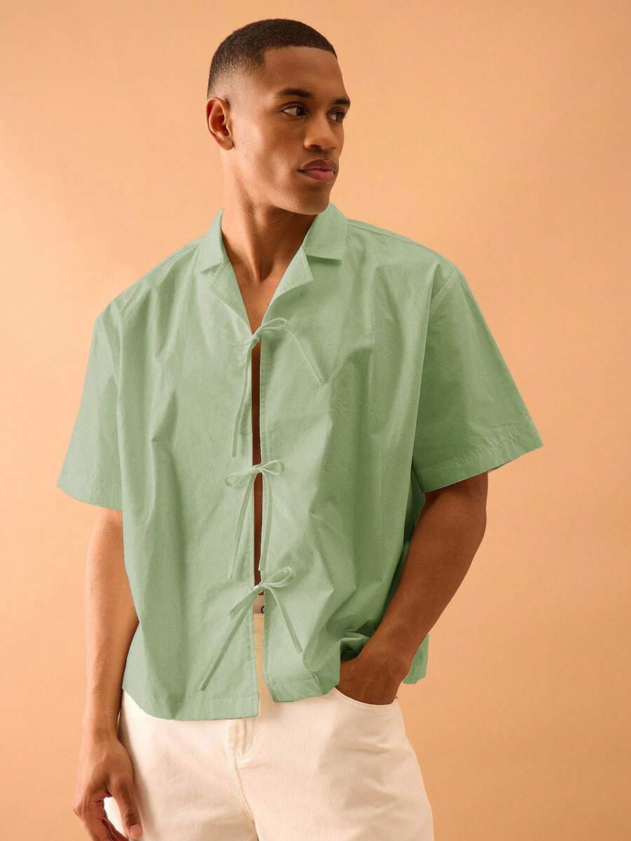 Musero Tie Front Boxy Short Sleeve Shirt Smart Streetstyle Vacation Spring&Summer - Green - View 1