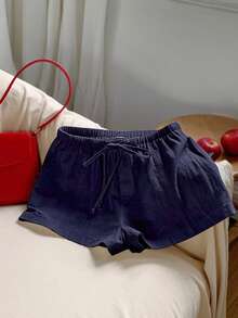Comfortcana Pantalones cortos de mujer casuales y sueltos con cordón, pantalones cortos de lino de uso diario versátil en azul marino - Azul Marino - Ver 6