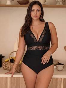 Swim Chiccia Baju Renang One-Piece Ukuran Plus dengan Sambungan Jala dan Perut Berkerut, Kasual Seksi untuk Liburan Pantai Musim Panas - Hitam - View 6