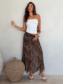 Aloruh 女士时尚波西米亚风佩斯利印花长裙 - 卡其色 - 查看 4