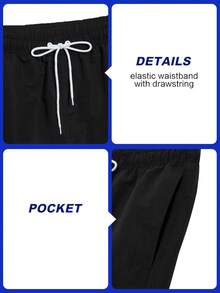 Solantero Plus Size Men's Solid Color Drawstring Waist Beach Shorts, Holiday - Black - View 4