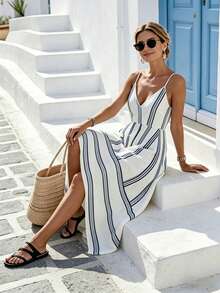 Breezaya Navy Blue And White,Summer,Casual,Holiday,Vacation,Holiday V-Neck Elegant Dress,Spaghetti Straps Contrasting Stripes Loose A-Line French Retro Gown - Multicolor - View 5